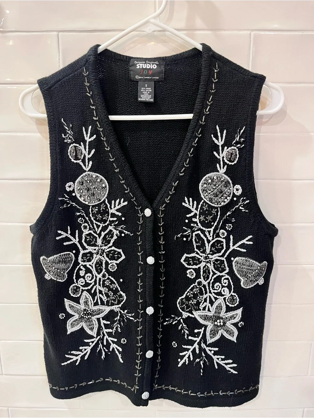 Vintage Studio Joy Christmas Sweater Vest Black & Silver Ugly Sweater Sz S